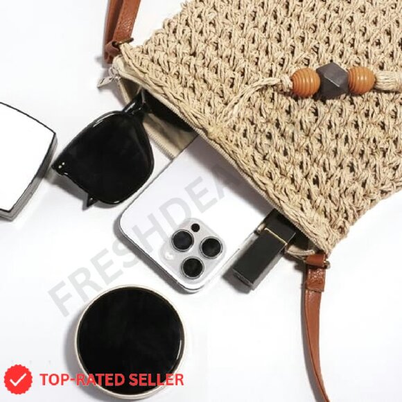 Handwoven Straw Crossbody Bag Boho Chic Summer Beach Purse with Tassels - Picture 7 of 8